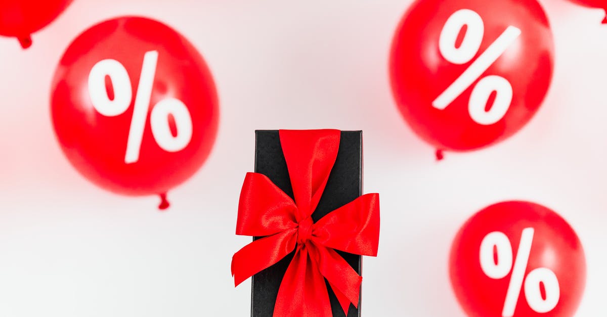 2.4:1 aspect ratio [closed] - A Gift With Red Ribbon in Between Red Balloons With Percentage Symbols on a White Background