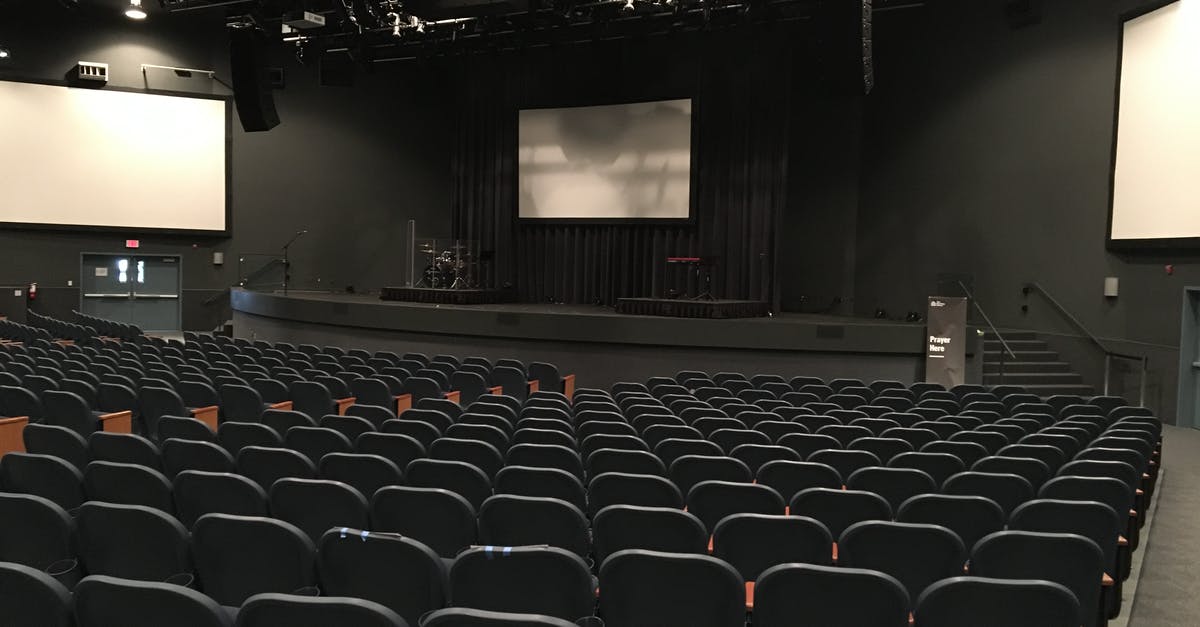 Actors acting the real actors inside a movie? - Rows of comfortable empty seats in modern theater hall with stage and screens