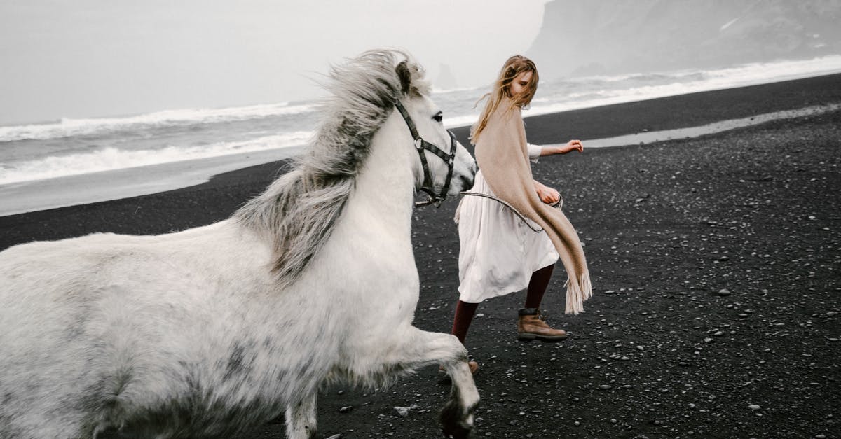 Actors Overly Dressed For Weather in 40-60s movies - Inspired teen girl leading horse on black sand beach