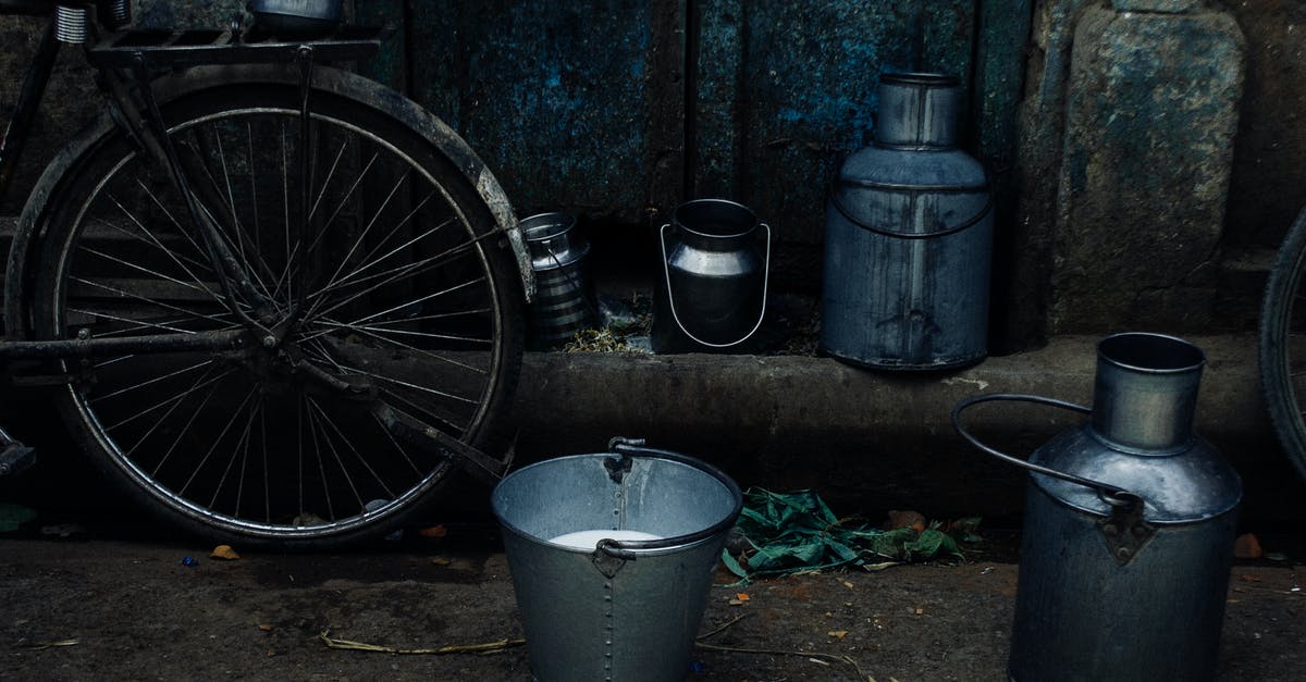 Can the magic ticket be used more than once? - Tin vessels and metal bucket with milk placed near bike leaned on shabby rusty wall