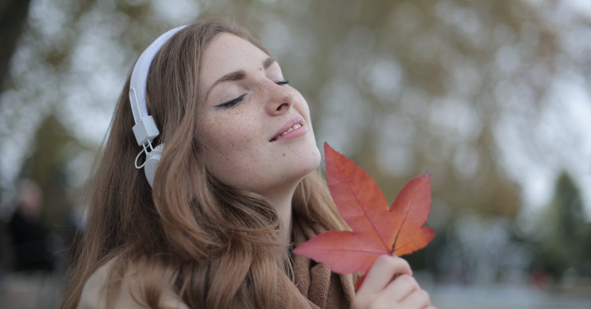 Creation sequence in Tree of life? - Young satisfied woman in headphones with fresh red leaf listening to music with pleasure while lounging in autumn park
