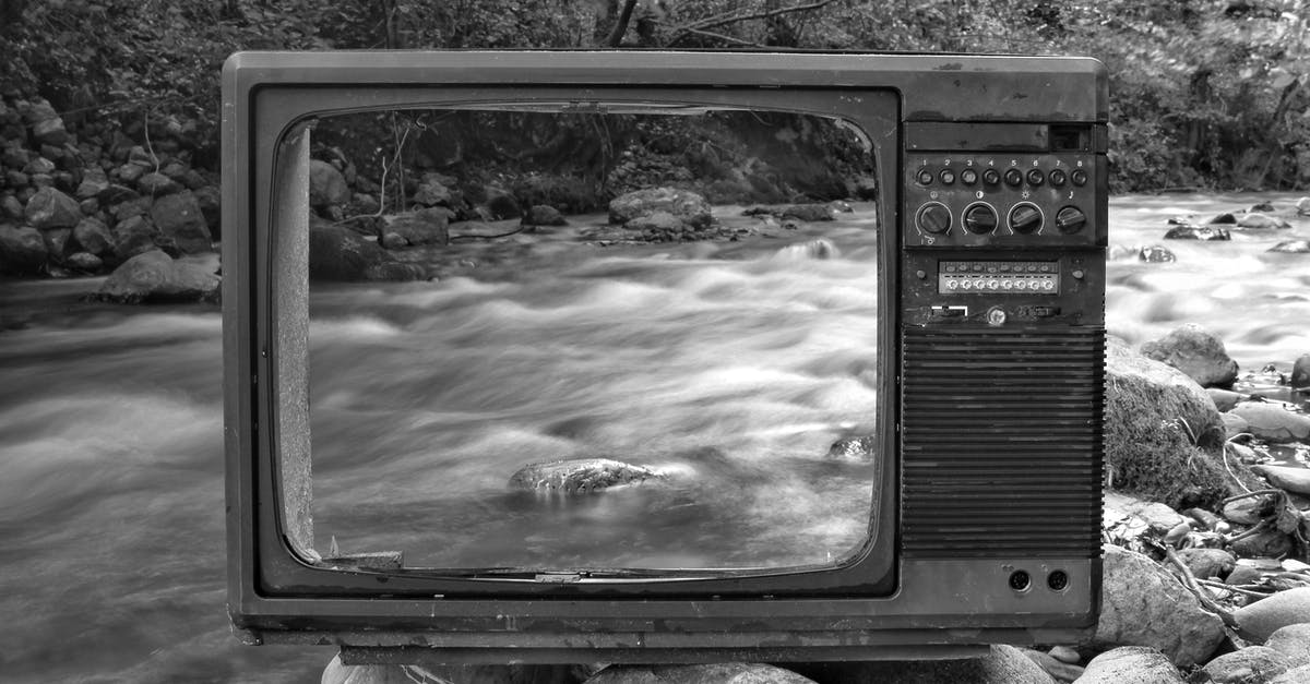 Crime tv series (older than 10 years) with stone circle [closed] - Black and white vintage old broken TV placed on stones near wild river flowing through forest