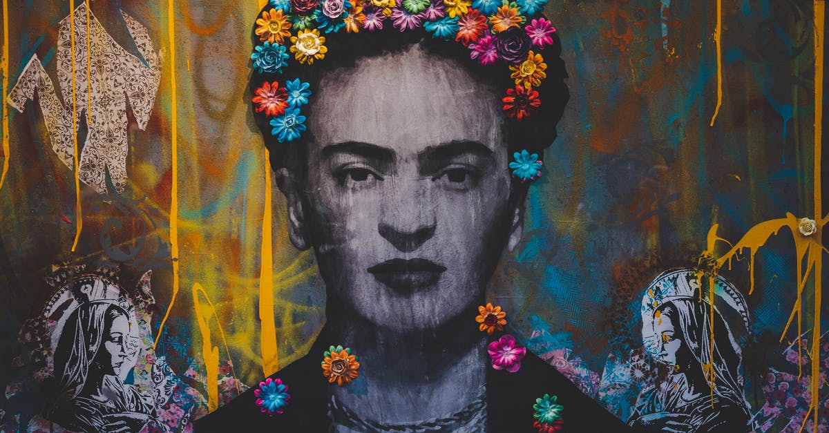 Diction in original vs remake of True Grit - Creative artwork with Frida Kahlo painting decorated with colorful floral headband on graffiti wall