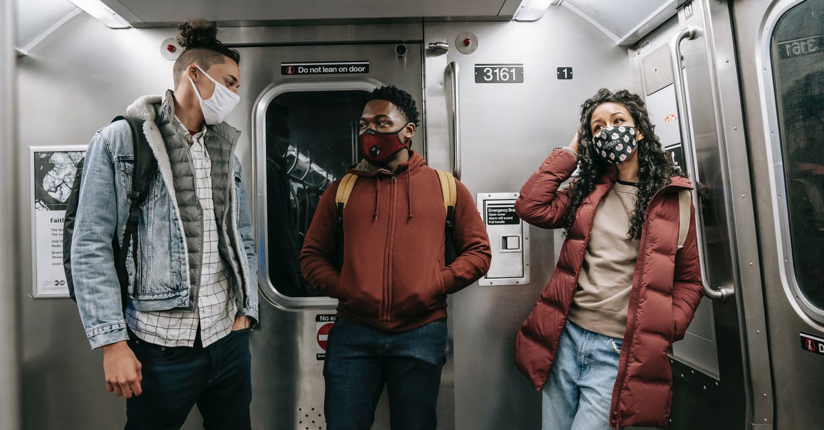 Did Churchill really talk to people on the London Underground? - Unrecognizable multiethnic friends in masks standing in subway train