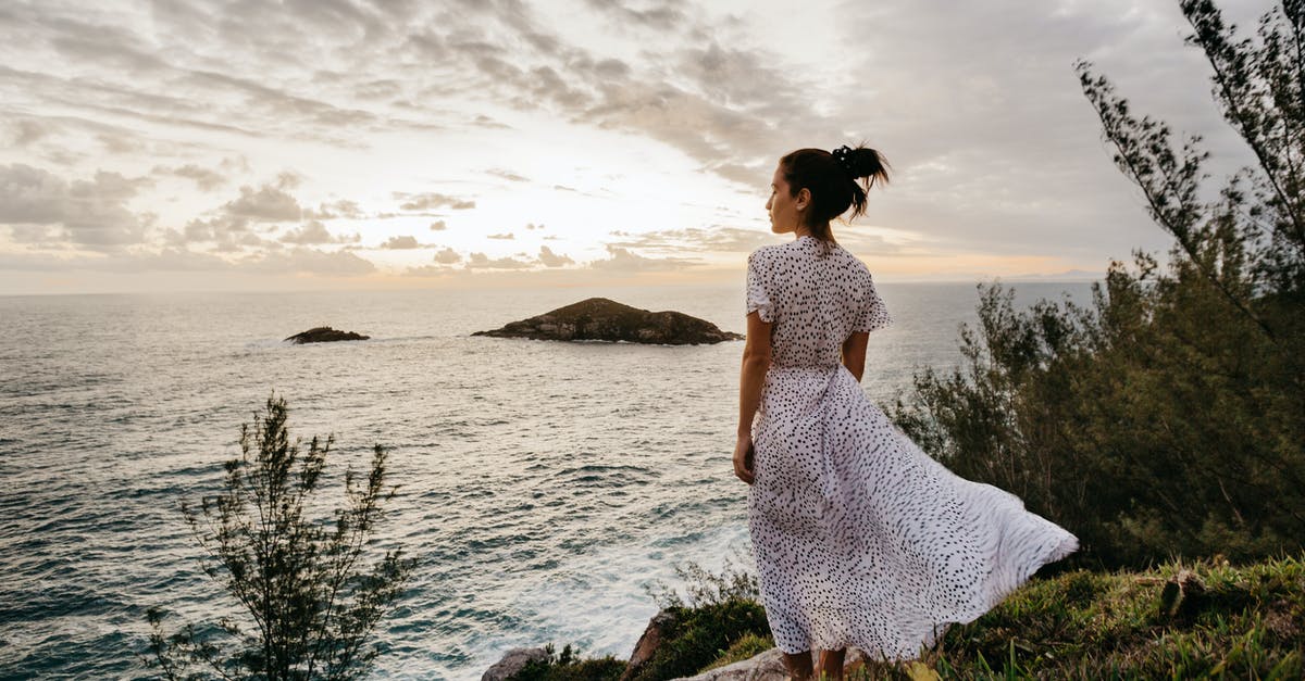 Did Cliff Booth really do this? - Back view of calm young female traveler in elegant summer dress admiring seascape from grassy cliff against cloudy sunset sky in Arraial do Cabo