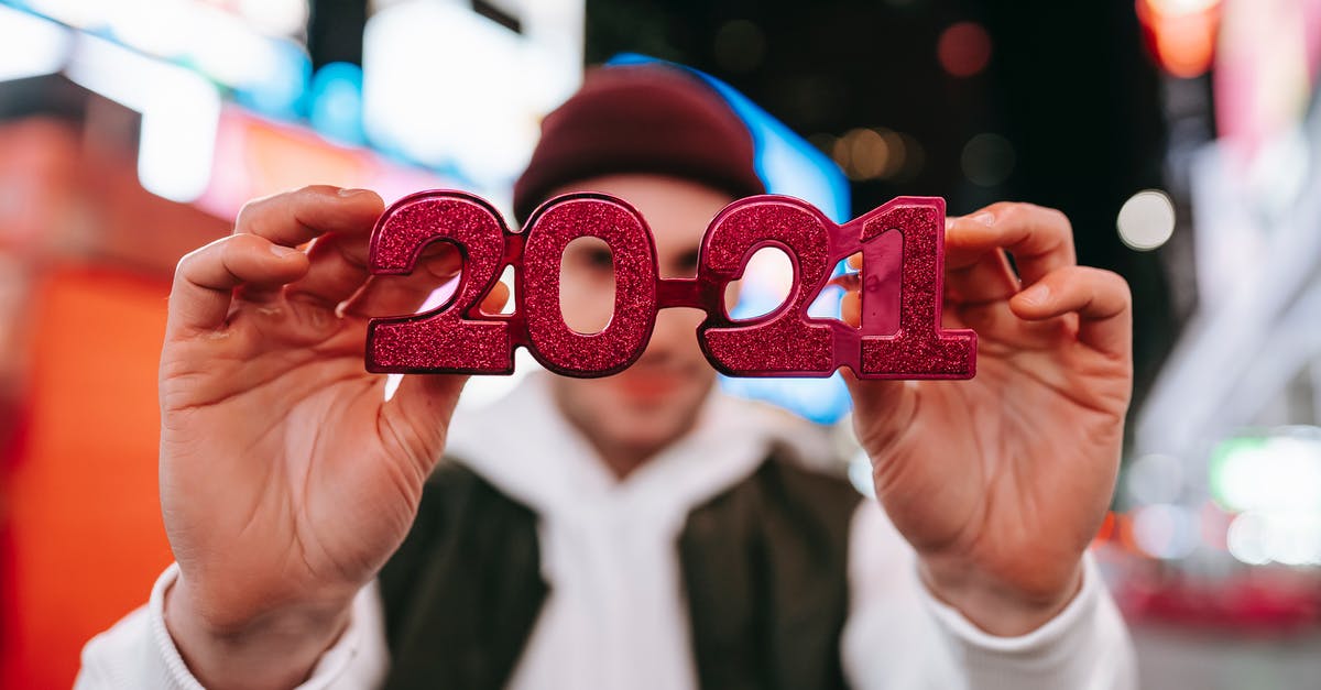 Do late night shows inform celebrities who their co-guests are going to be so they can agree to appear on the show with them? - Anonymous male in hat demonstrating red new years 2021 glasses while standing on street with blurred signboards on modern buildings at night time