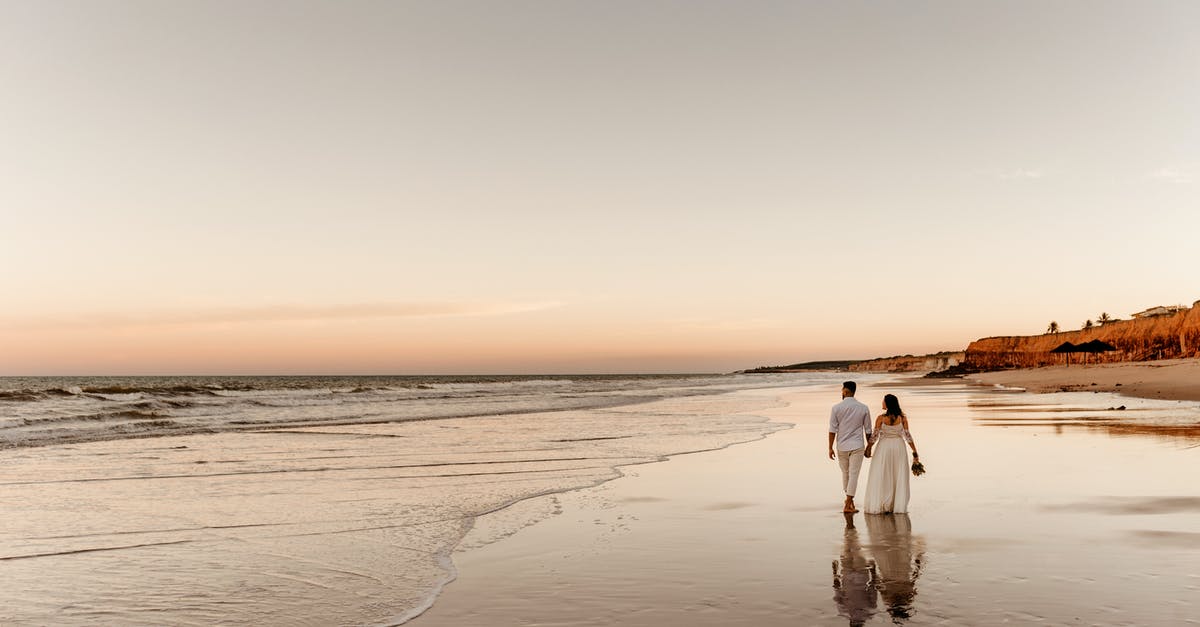 Do Roxie and her husband get back together in the end? - Back view of barefoot groom holding hand of bride in white dress and walking together on sandy coast