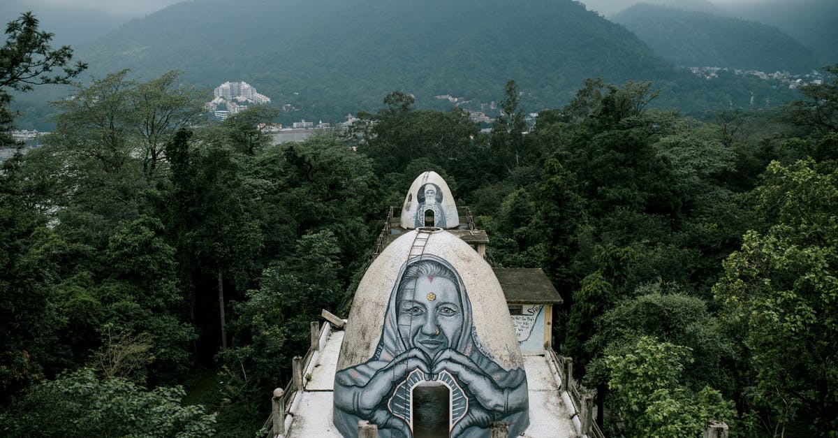 Does the Forest Spirit die at the end of Princess Mononoke? - From above small domed caves with graffiti on Buddhist meditation house rooftop located in Beatles Ashram in lush green rainforest against cloudy sky in India