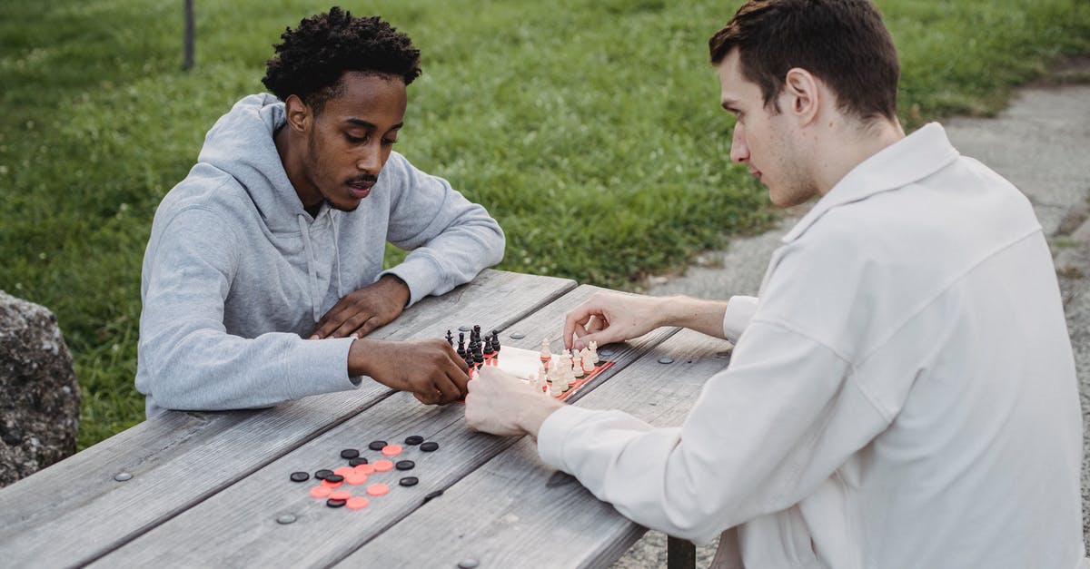 Does time-leaping move your mind or your body? - Concentrated young multiethnic male friends in casual clothes sitting at table in park and playing chess game