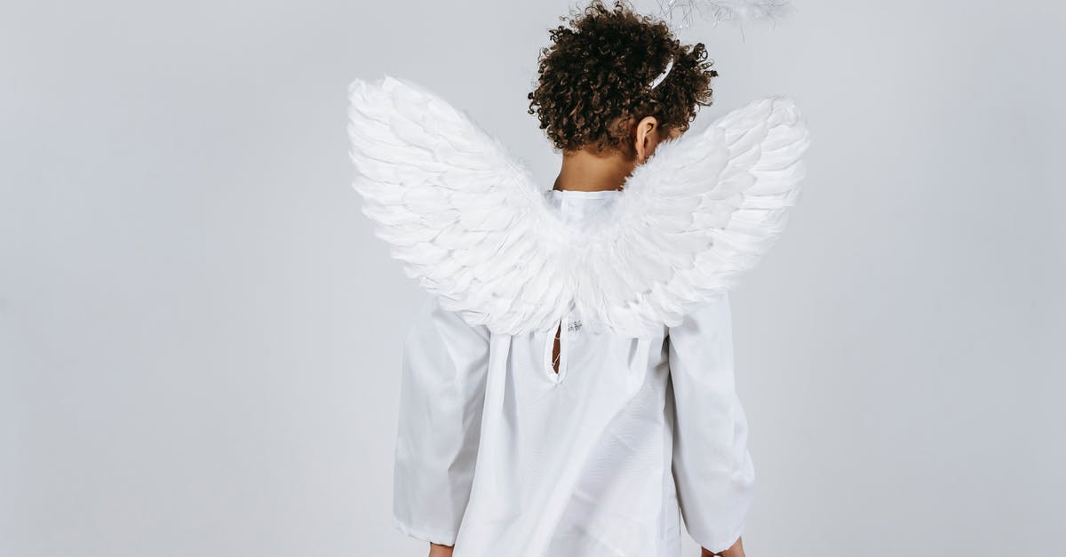 Effects of events in Angel to the Buffy Storyline - Back view of African American child in costume of tender angel on white background
