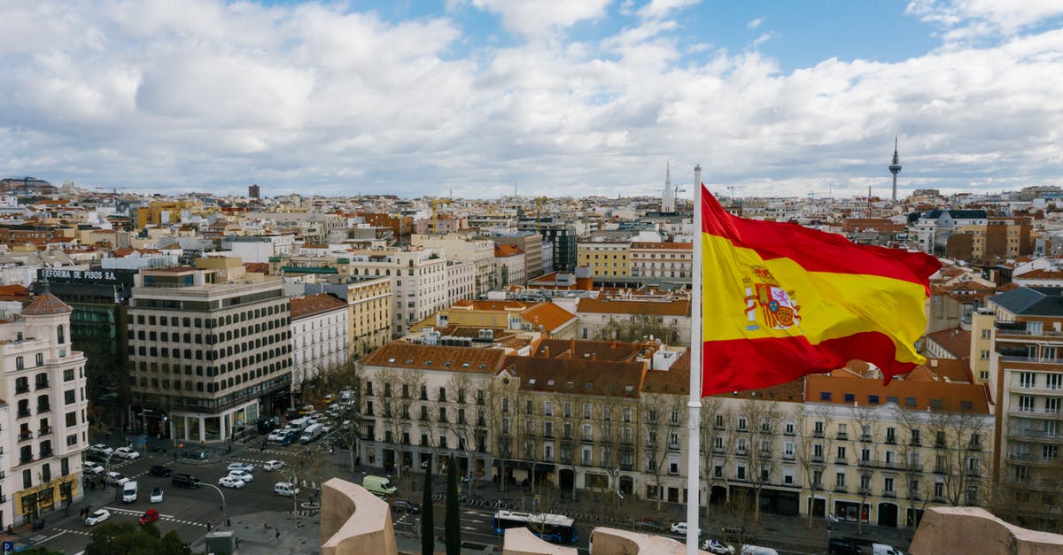 Eli Cohen's Spanish in the 'The Spy' - Drone view of Spanish city with aged buildings and national flag under cloudy blue sky