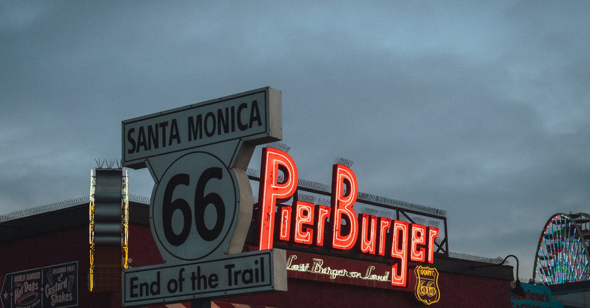 Ending of babadook - Low angle of road sign with Route 66 End of the Trail inscription located near fast food restaurant against cloudy evening sky on Santa Monica Beach