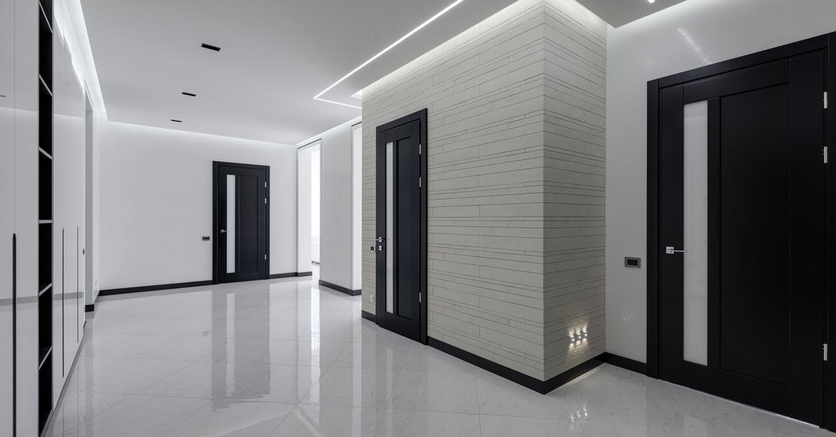 Explaining the door between the offices of House and Wilson - Modern spacious corridor with white walls and floor and black doors and ceiling decorated with LED lights
