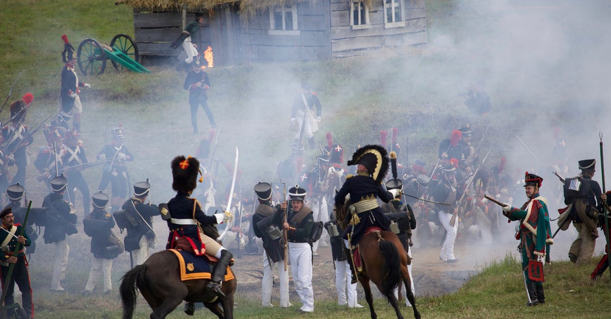 Final scene in Turist / Force Majeure - Horse mounted officers and soldiers with rifles and muskets fighting on field in countryside during reenactment of Napoleonic war