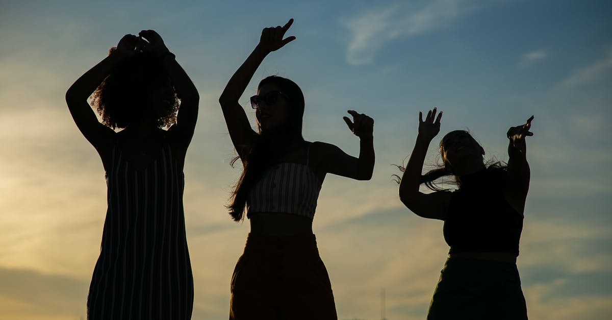From where did Zion get air? - Low angle silhouettes of unrecognizable young female friends dancing against cloudy sunset sky during open air party