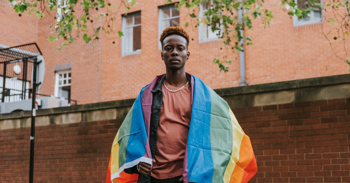 Homosexual implications in Every Day and viewer/reader response - Serious African American male with LGBT flag looking at camera while standing on street against brick building on street