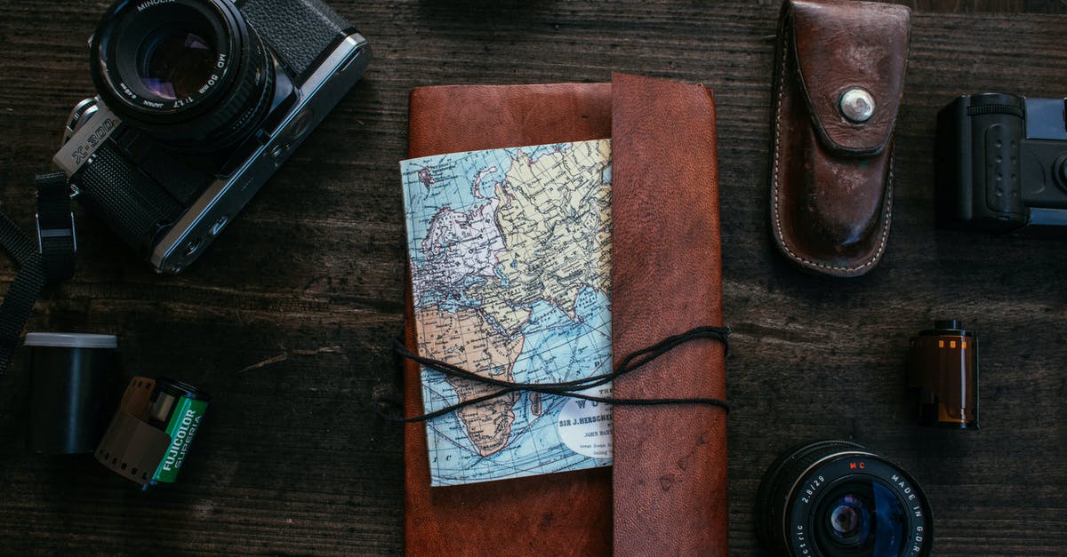 How are films dubbed into different languages? - Top view of notebook with map for traveling placed on wooden surface near retro photo camera with film and lens near knife case
