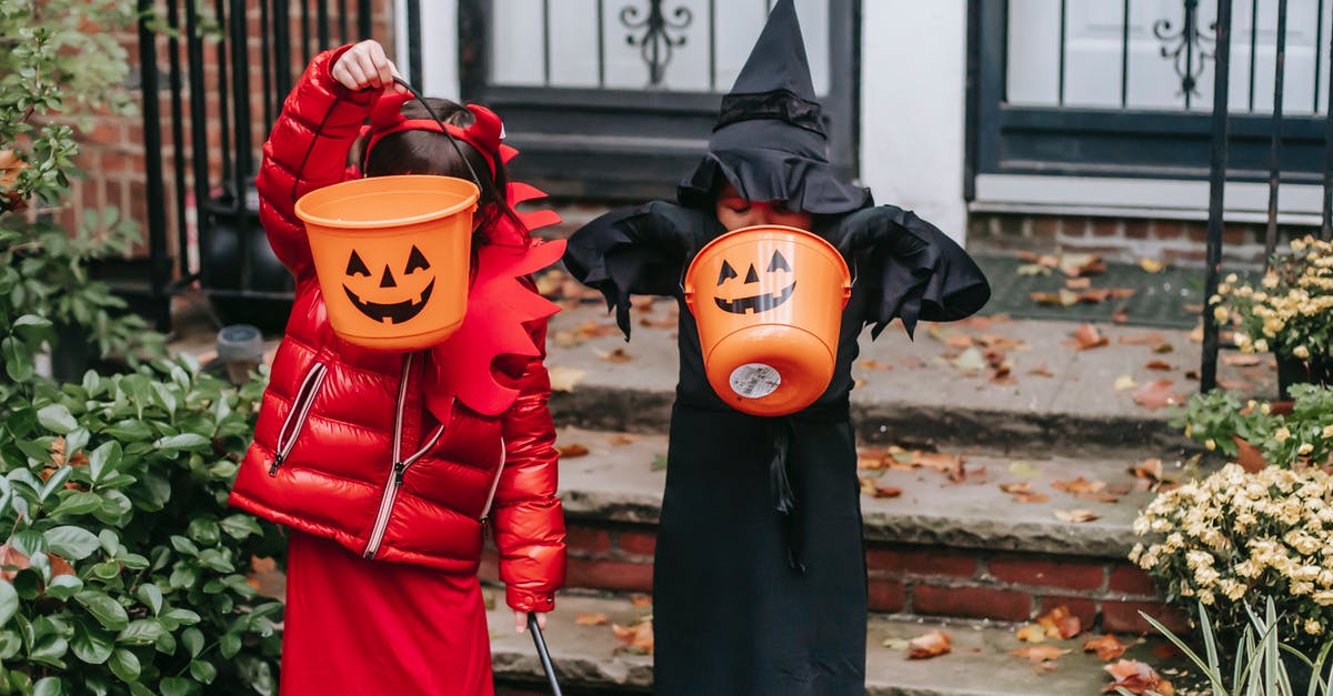 How can a witch/wizard disguise themselves, excluding Polyjuice Potion? - Anonymous children in witch and devil costumes showing buckets while standing at house porch during Halloween holiday