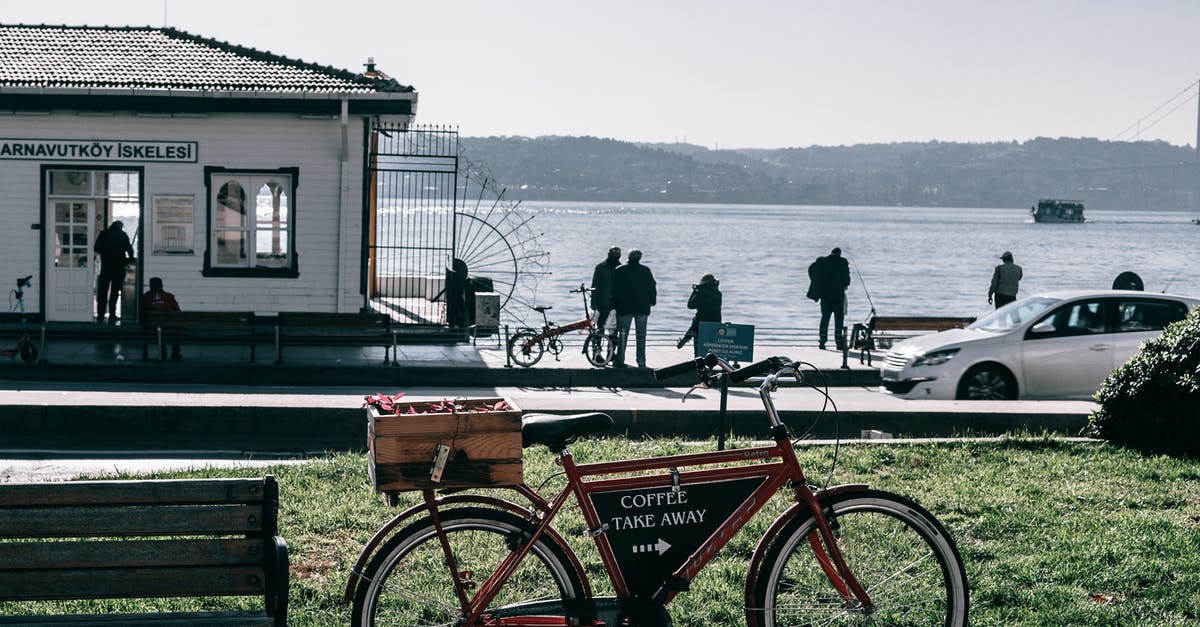 How did the car end up at the port after explosion in Tenet? - Bicycle with pointer on black board parked on crowded paved embankment with car and building against calm sea and mountain on background