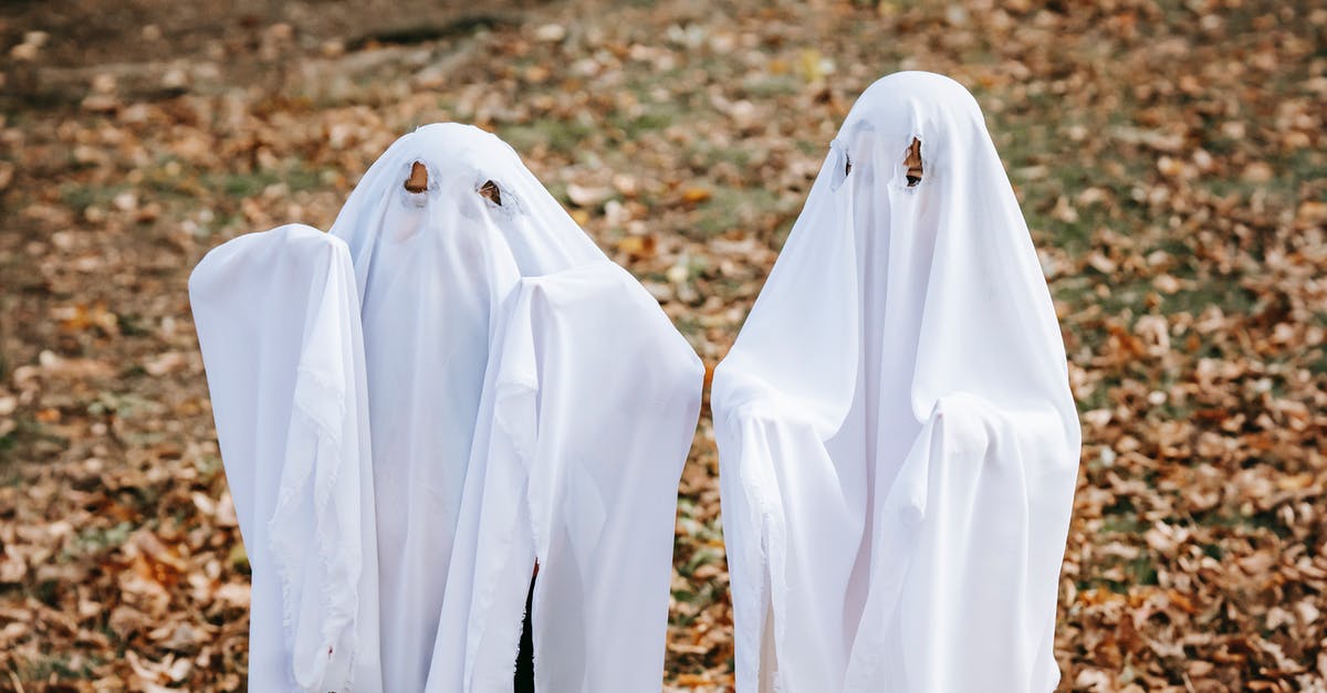 How did the Ghost locate Luis and his friends' workplace? - Anonymous kids in scary ghost costumes standing on fallen leaves in autumn park