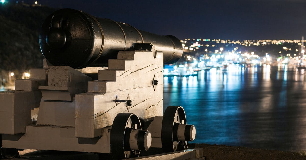 How did the submarine get past Atlantis's defenses? - Vintage artillery cannon on wooden support on waterfront of city with glowing lights at night