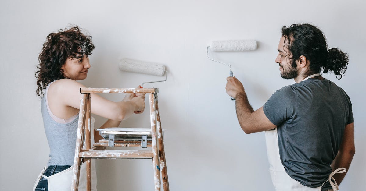 How did they toss the ladder to the other end? - Smiling ethnic couple painting wall with roller brushes at home