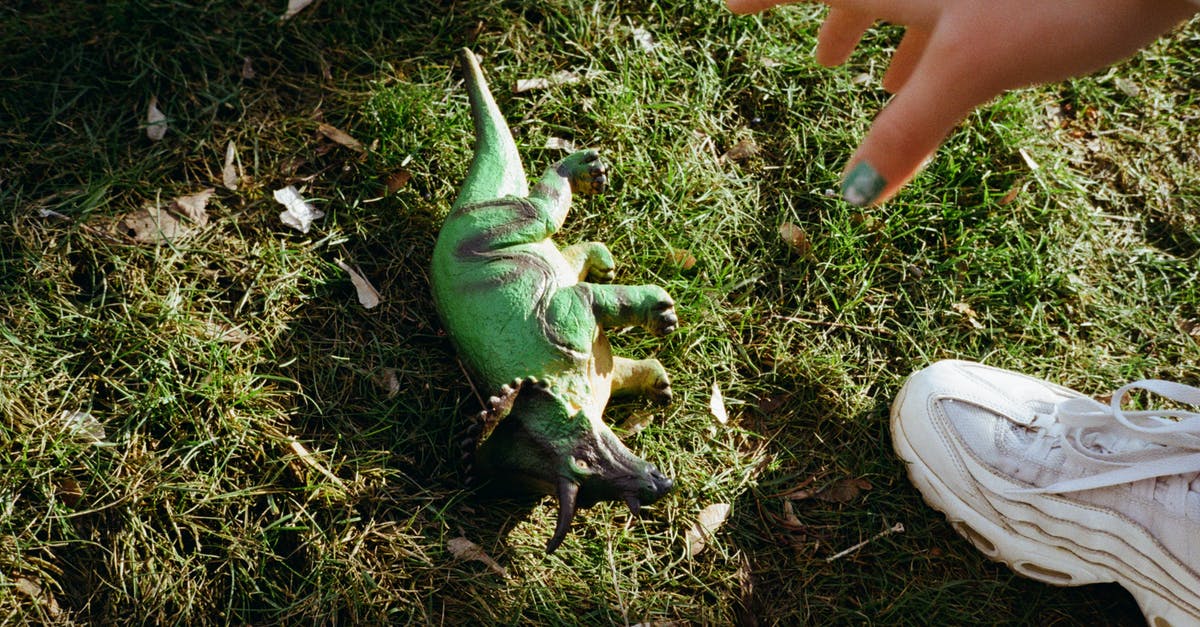How did this dino survive till Jurassic World: Fallen Kingdom? - Faceless woman reaching hand to toy dinosaur on grass