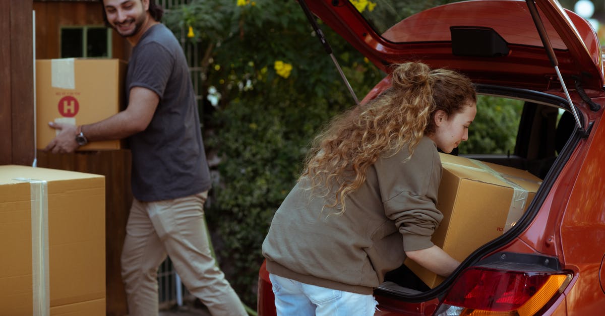 How did Tony Stark get his new suits? - Young woman with curly hair getting carton box out from trunk of automobile while cheerful ethnic man carrying box into new home in suburb or countryside area