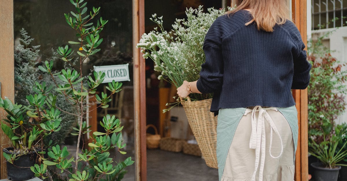 How Does Gandalf Keep Getting his Staff Back? - Back view of anonymous florist in apron carrying wicker basket of flowers to floral shop in daytime