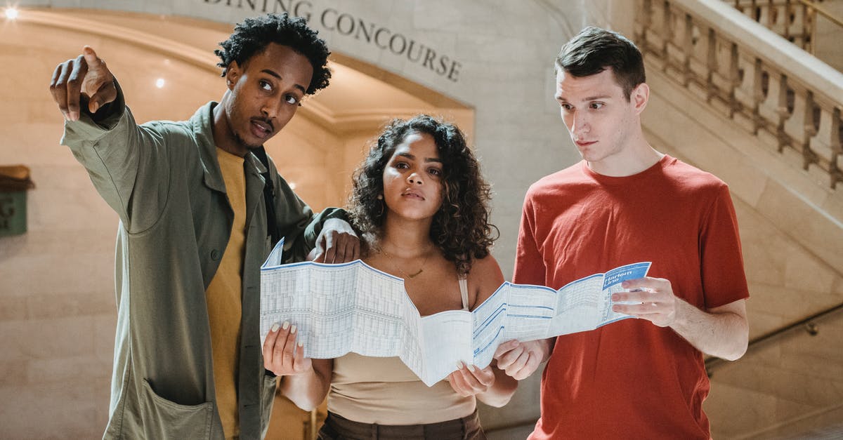 How to find out whether a reality show is scripted - Young African American male tourist pointing away while searching for direction with diverse fiends standing in railway station terminal with paper map in hands