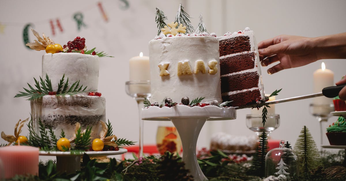 In what year is Layer Cake set? - Crop chef showing piece of delicious Christmas cake at home