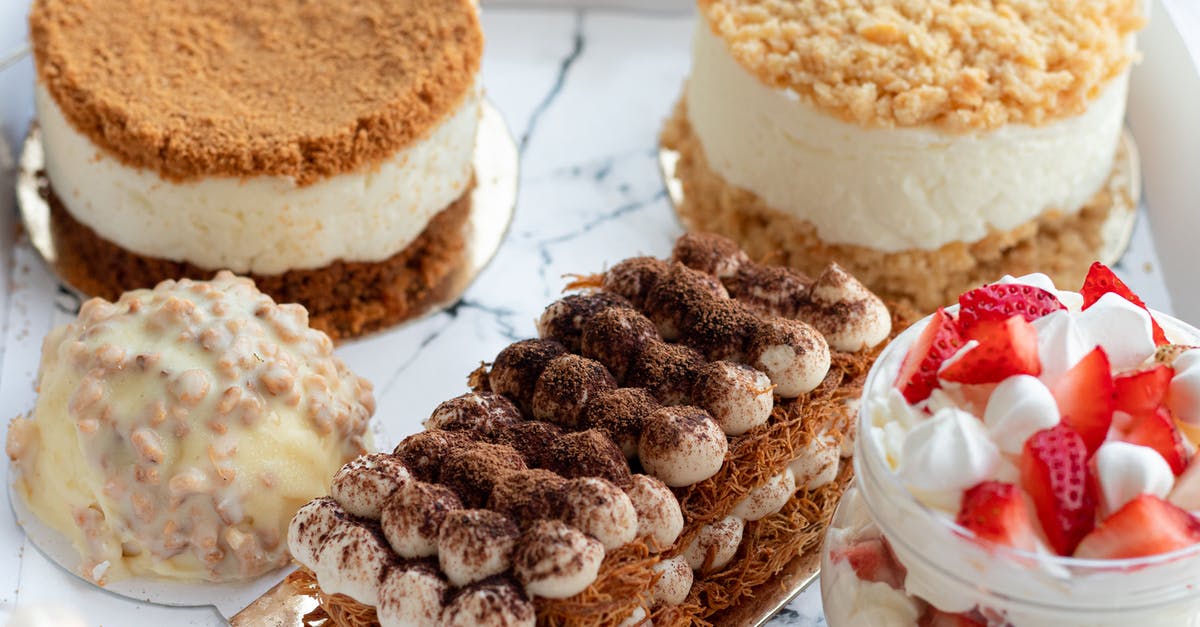 In what year is Layer Cake set? - From above of set of tasty sweet deserts including tiramisu and round honey cakes near with glass jar of strawberry parfait served on white tray