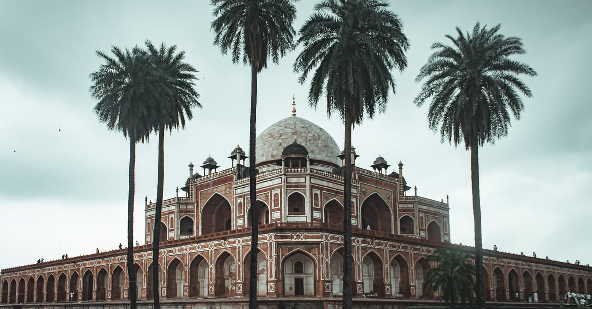 Influences on Woody Allen’s “Wonder Wheel” - Low angle of beautiful well maintained garden with palms and ancient building of Humayun s Tomb located in Delhi
