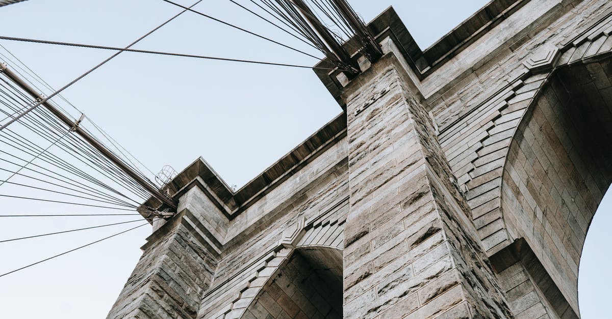 Is Brick Tamland from the future? - From below of brick elements on structure with cables on Brooklyn bridge against clear sky