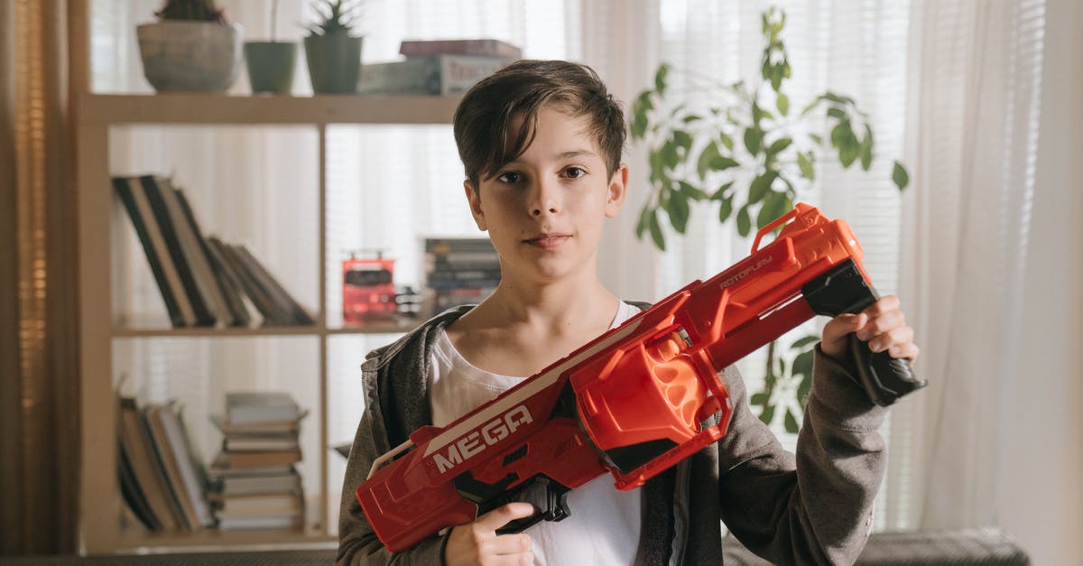 Is there a reason for the appearance of the kid with the toy gun in the supermarket? - Boy in Gray Sweater Holding Red Plastic Toy Gun