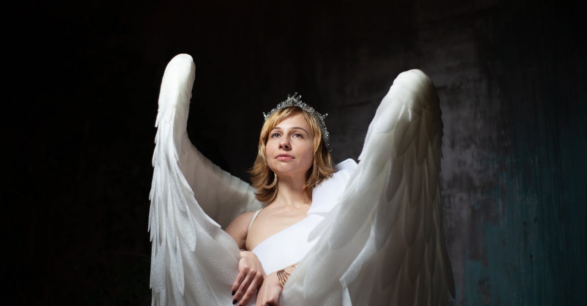 Is there any significance to the Angels' wing colours? - Graceful woman in crown and white wear with decorative wings looking up in shiny light
