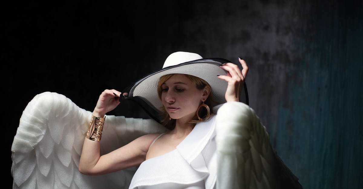 Is there any significance to the Angels' wing colours? - Elegant model in hat with angel wings on dark background