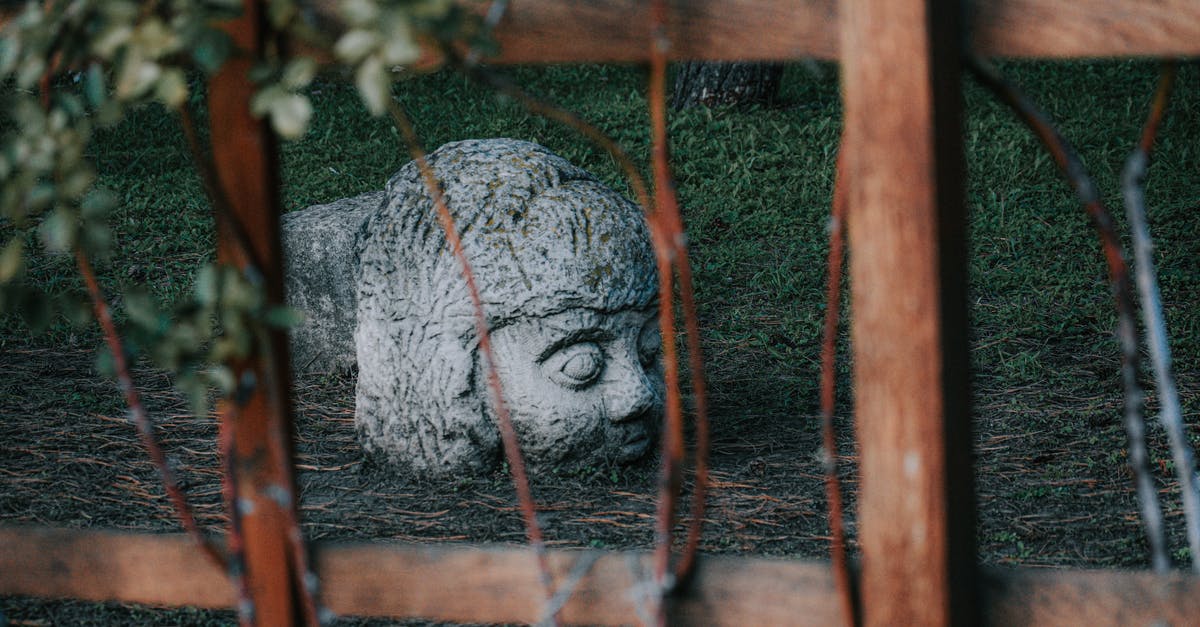 Is there any symbolism behind the bunny face? - Weathered white stone statue of human head located on grassy ground behind wooden fence in park