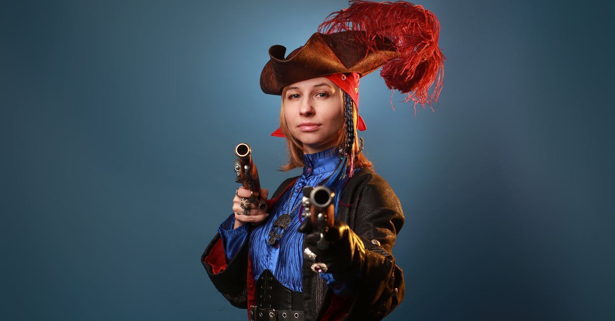 Is this pirate in the background a young Edward Teague? - Young self assured woman in hat with feathers and vintage pistols looking at camera on gray background