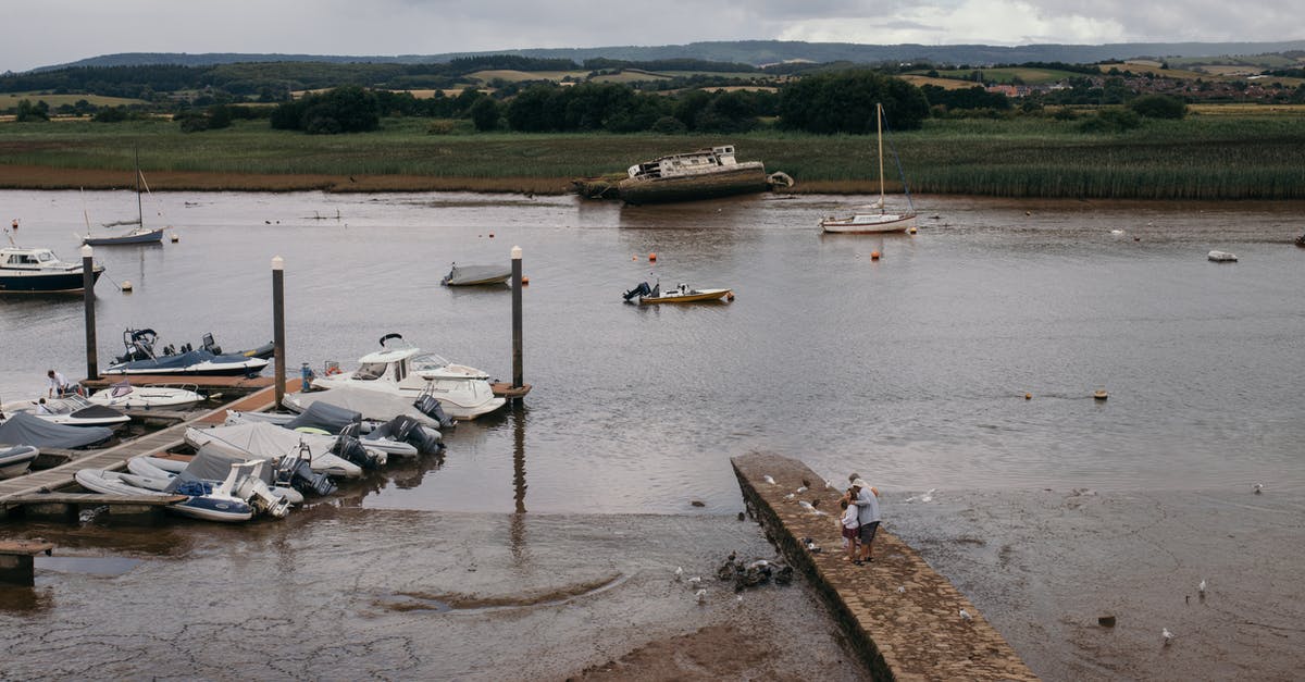 Is this scene with Djarin and the Child an allusion to a scene in E.T.? - From above back view of anonymous parent with children on aged stone dock near rippled river with motor boats in countryside port