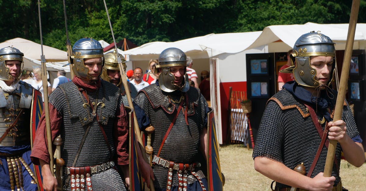 Maximus fighting the masked champion in the arena with tigers - Military historical reconstruction male group in metal helmets and weapons in sunny warm day