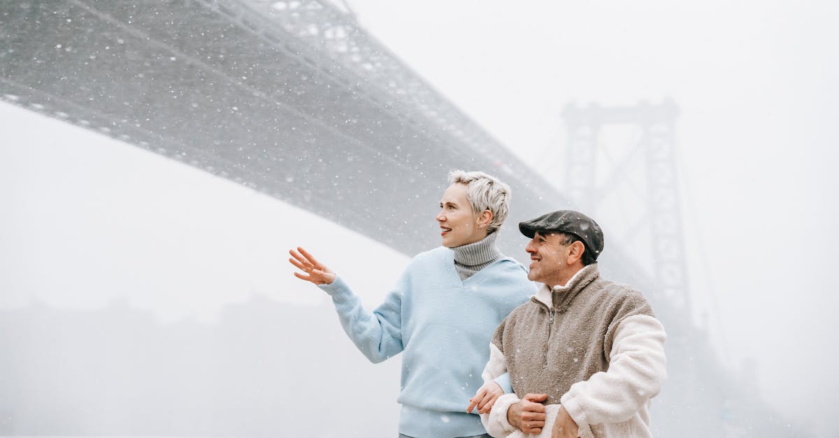 Movie about a man murdering his wife and almost getting away with it [closed] - Cheerful couple strolling on waterfront under bridge at snowfall in foggy overcast winter day