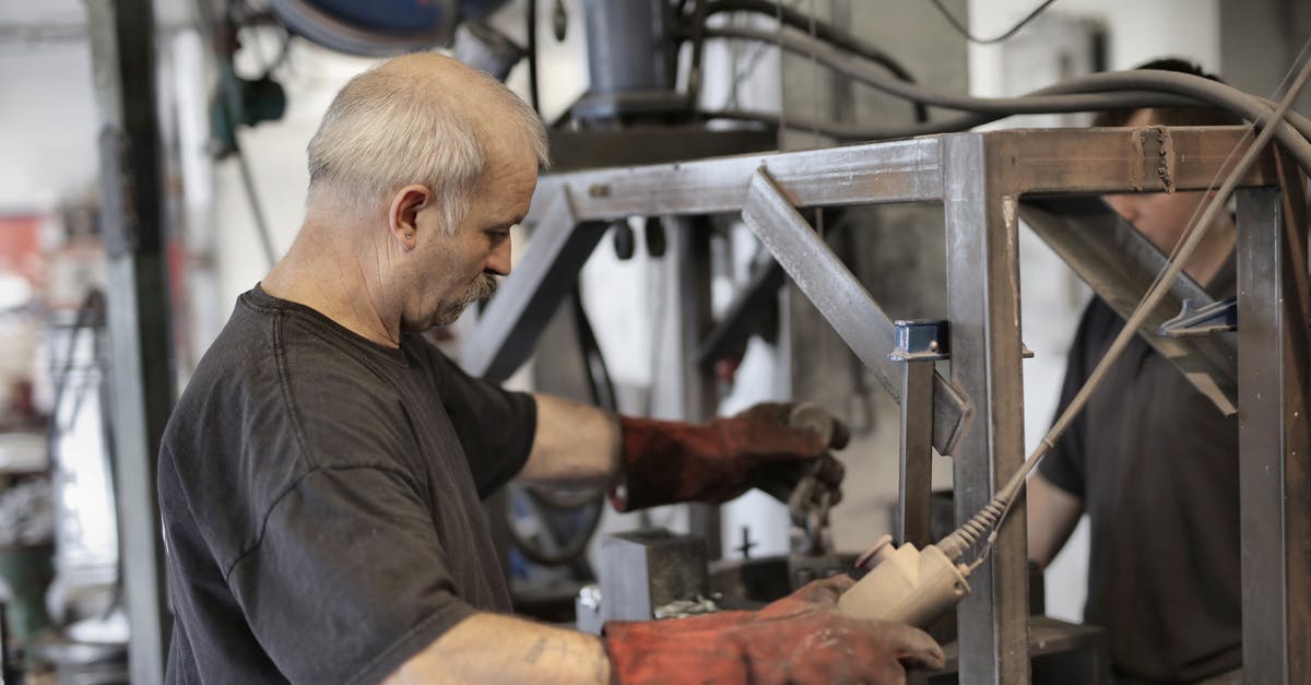 Realism of the responsibilities of the senior staff in the West Wing - Side view of senior white hair craftsman in heavy duty gloves dealing with machine in workshop