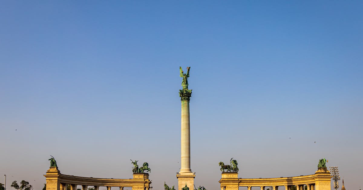 Seven sins, seven Wizards, seven symbols, seven times repeated, but six super-heroes - Low angle of Heroes Square and column with Archangel Gabriel on top against colonnades in Budapest