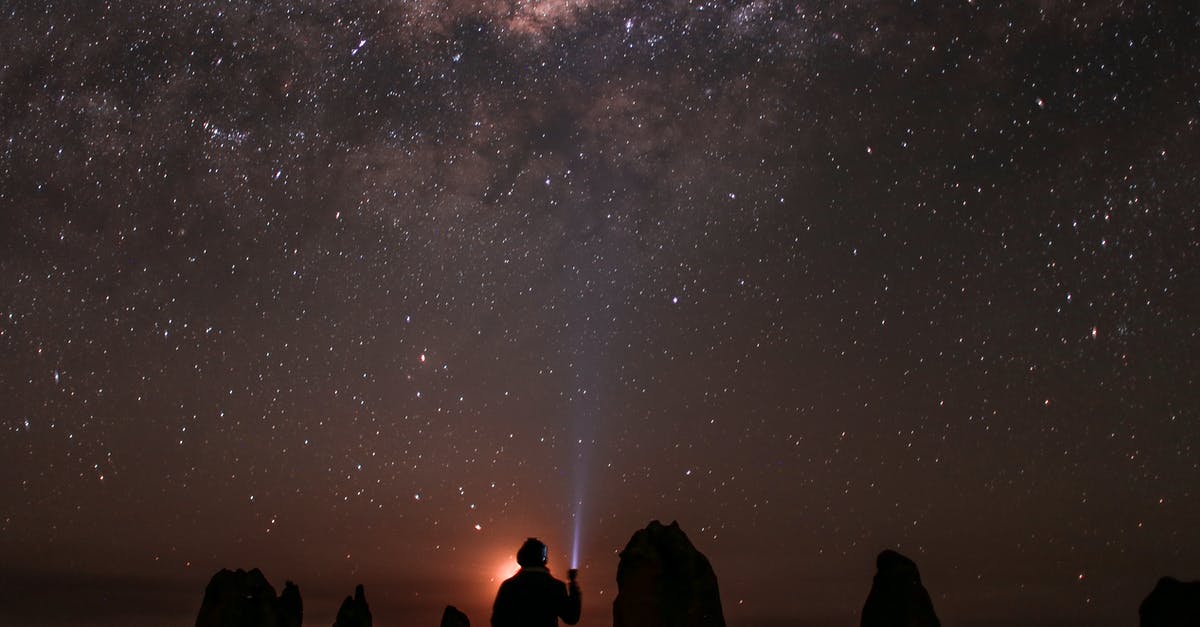Star Wars Travel to Other Galaxies [closed] - Back view silhouette of anonymous person shining flashlight at sky with glowing stars while sitting in nature at night time