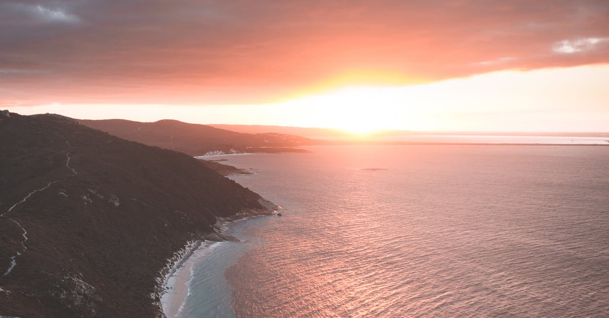 sun setting in the south - Drone view of calm ocean washing coast with mountain covered with grass against sun shining on horizon of cloudy sky at sunset time