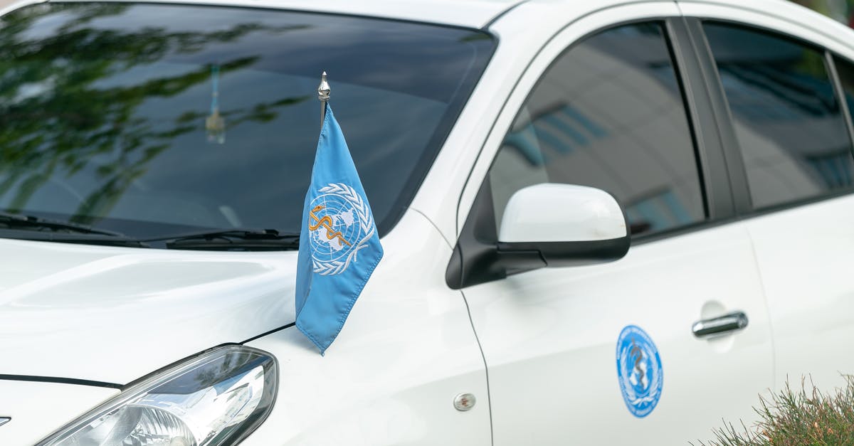 The others, who is dead or who is alive? - Contemporary white car decorated with blue World Health Organization flag and sticker parked on street