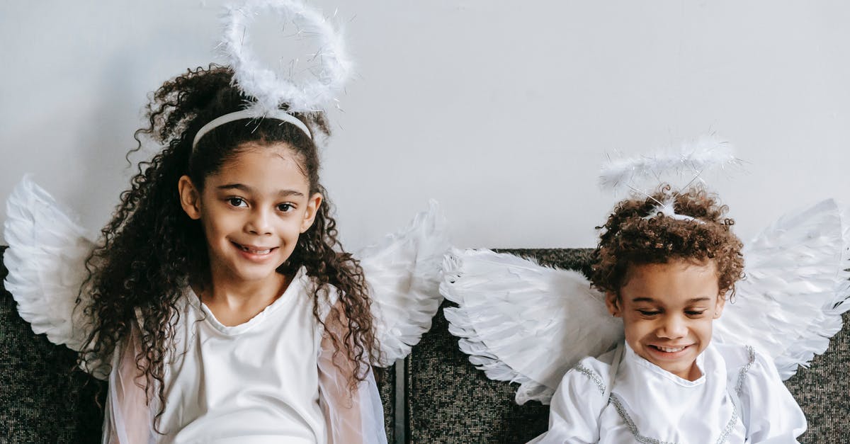 The pretending to be sister scene in JojoRabbit - Cheerful African American children in funny costumes of angels with nimbus and wings celebrating Christmas