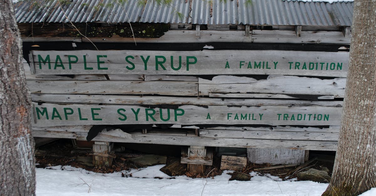 What country are the text pranksters supposed to be from? - Shabby wooden construction with inscription Maple Syrup located between trees in snowy countryside