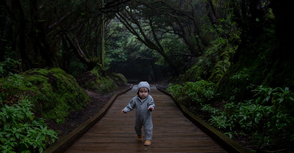 What did Hannibal try once? - Concentrated kid trying making steps on planked footpath in dark deep forest in cold day